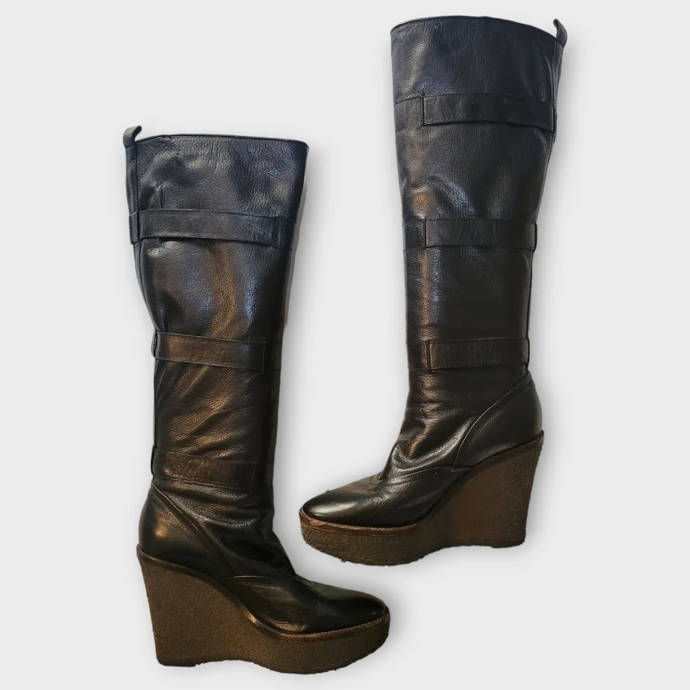 YSL Yves Saint Laurent Tall Black Leather Wedge Boots Vintage 90s Y2K - Picture 2 of 16